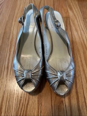 Stuart Weitzman Metallic Silver Knotted Peep-Toe Slingbacks